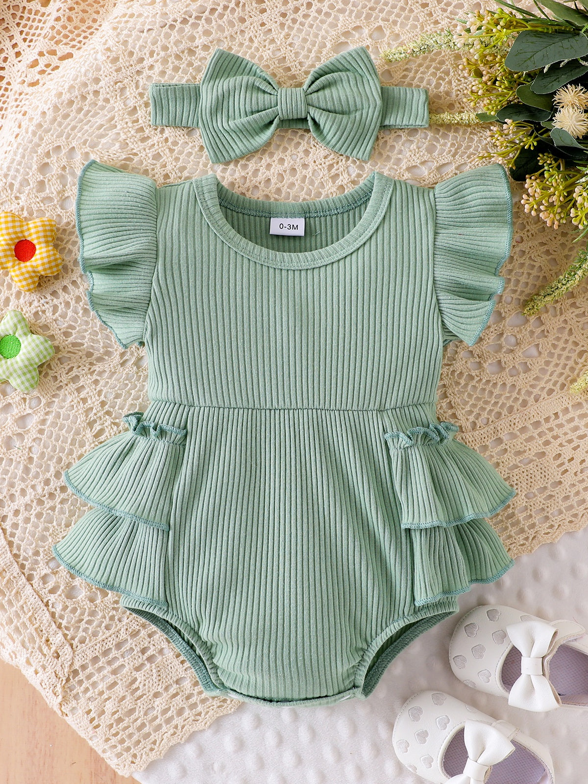 Baby Girls Mint Green Ruffle Cotton Bodysuit With Headband