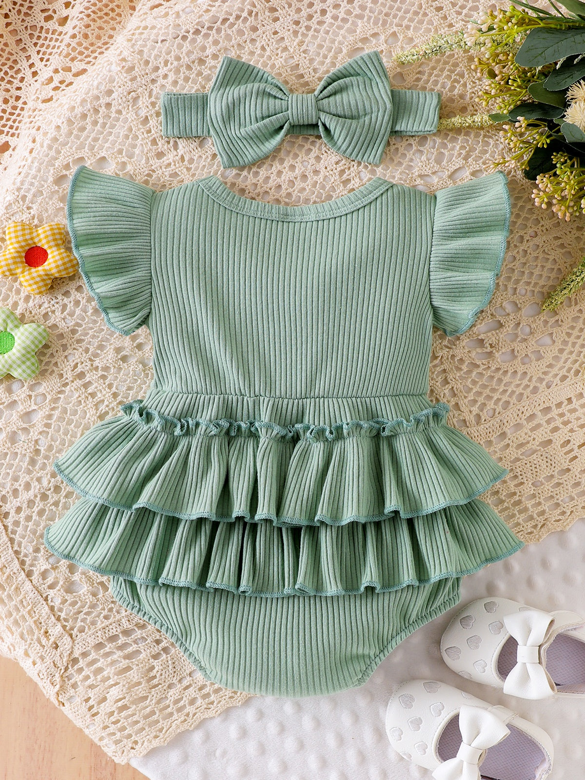 Baby Girls Mint Green Ruffle Cotton Bodysuit With Headband