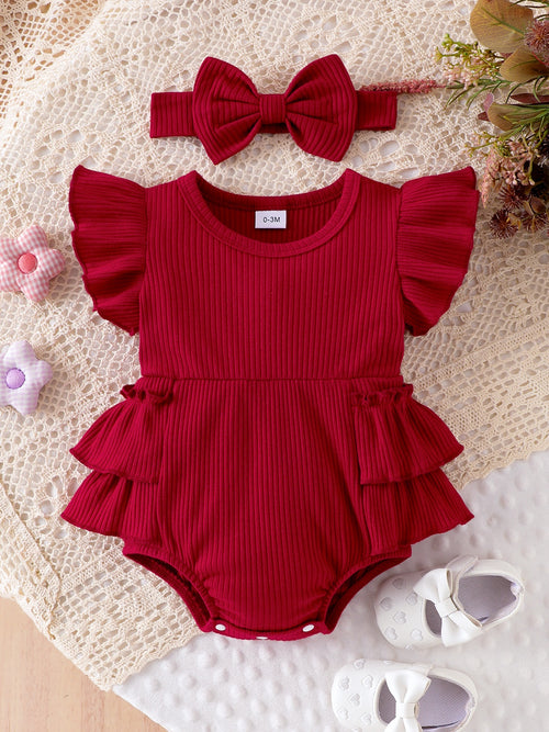 Baby Girls Burgundy Ruffle Cotton Bodysuit With Headband