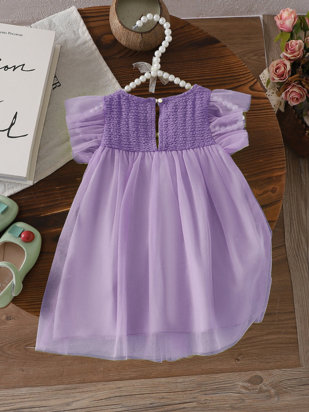 Baby Girls Summer Ruffled Sleeves Bow-Decorated Mesh Dress