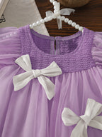 Baby Girls Summer Ruffled Sleeves Bow-Decorated Mesh Dress