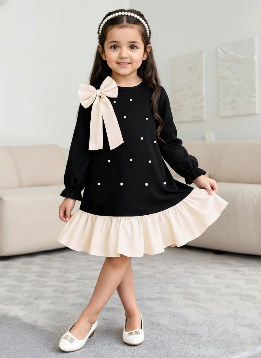 Girls Black and White Color-blocked Beaded Long-sleeve Dress with Bow