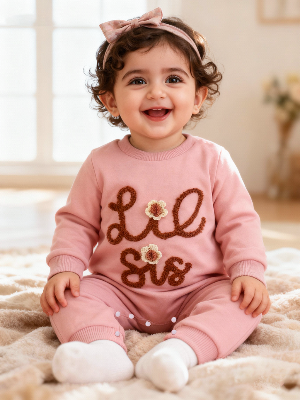 Newborn Pink Letter Pattern Ruffles Jumpsuit With Headband