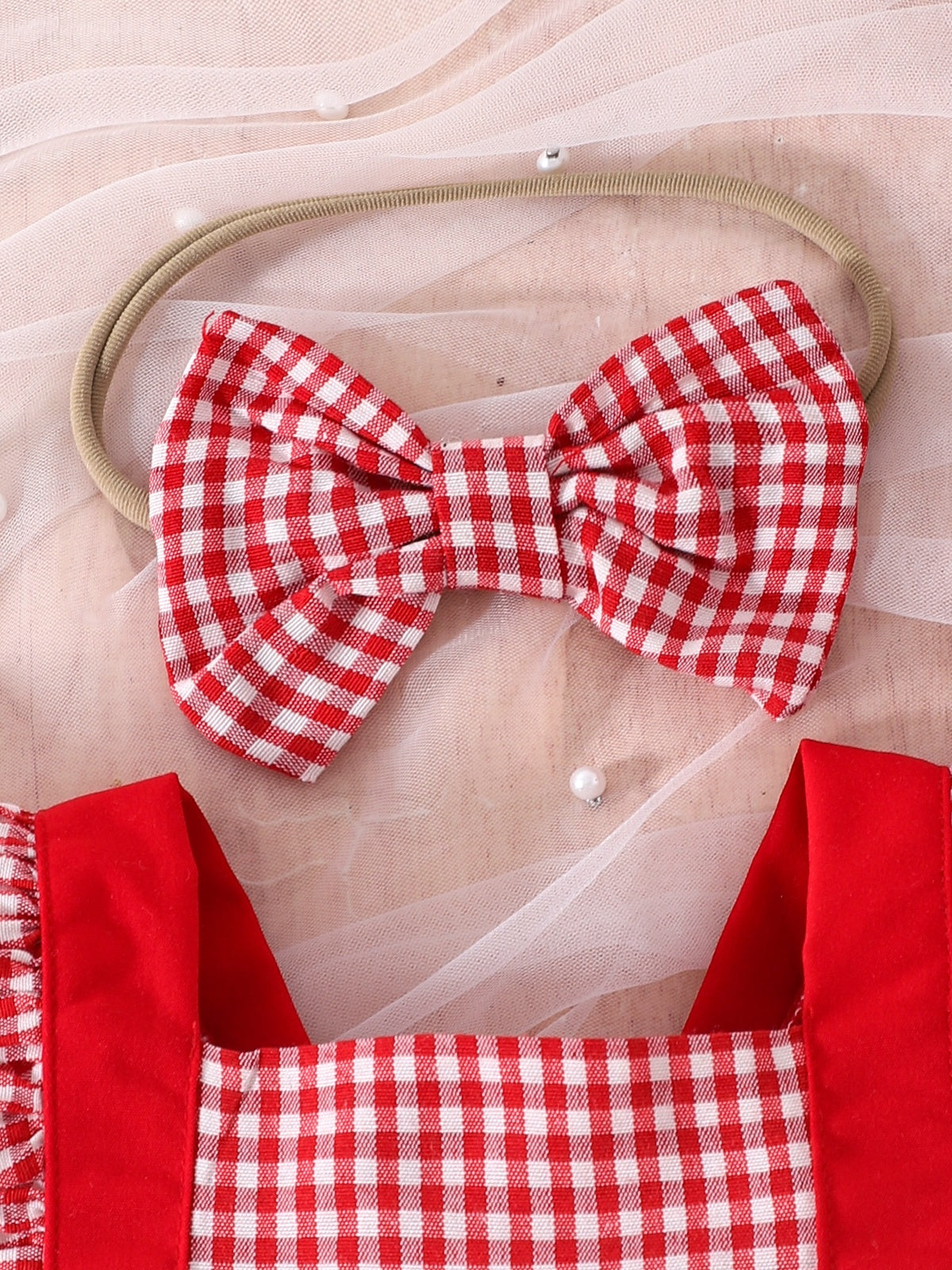 Baby Girl Red Plaid Strawberry Pattern Romper Dress with Headband