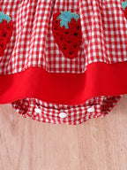 Baby Girl Red Plaid Strawberry Pattern Romper Dress with Headband