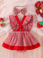 Baby Girl Red Plaid Strawberry Pattern Romper Dress with Headband