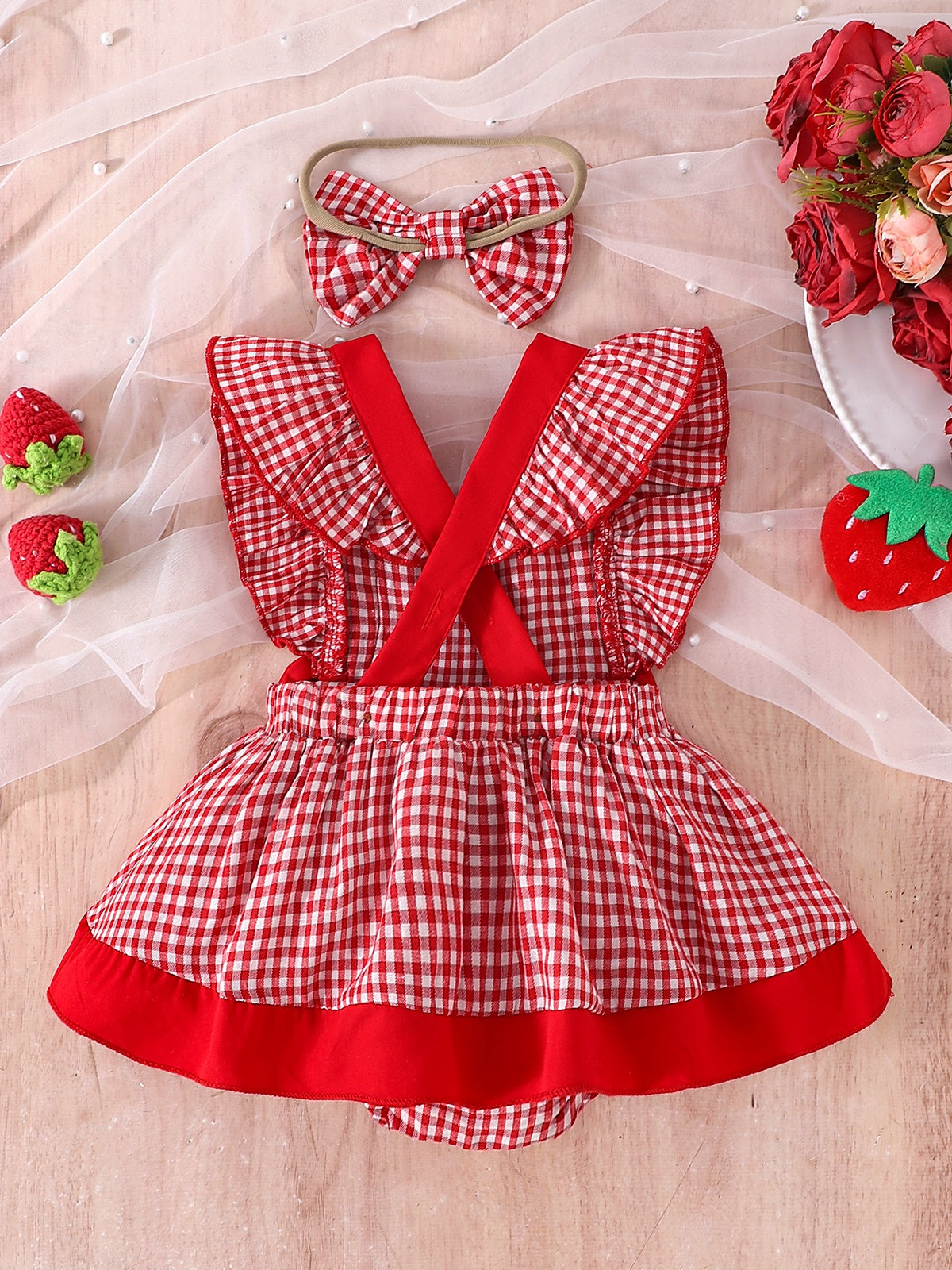 Baby Girl Red Plaid Strawberry Pattern Romper Dress with Headband