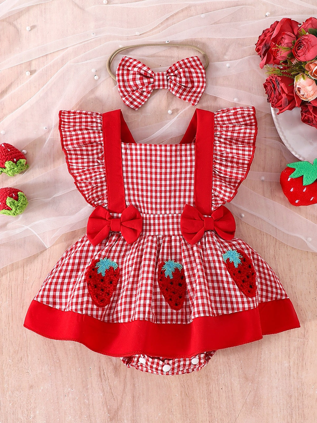 Baby Girl Red Plaid Strawberry Pattern Romper Dress with Headband