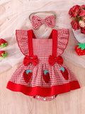Baby Girl Red Plaid Strawberry Pattern Romper Dress with Headband