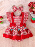 Baby Girl Red Plaid Strawberry Pattern Romper Dress with Headband