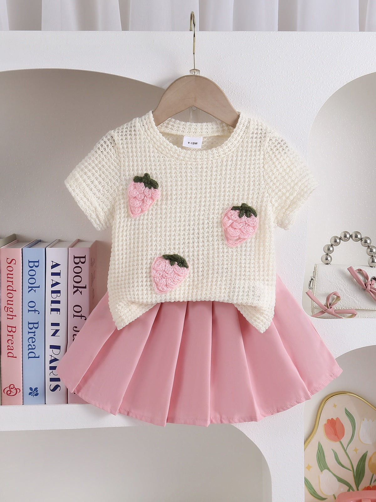 Baby Girls Summer 3D Strawberry-Decorated Waffle Knit Short-Sleeves T-shirt and Pink Pleated Skirt Two-Piece Set