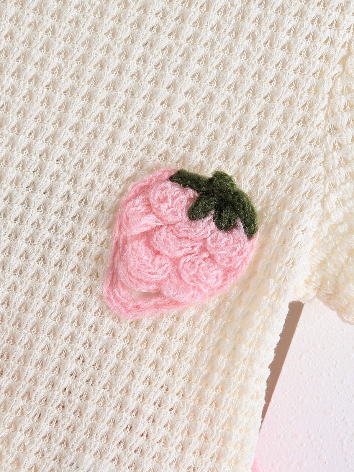 Baby Girls Summer 3D Strawberry-Decorated Waffle Knit Short-Sleeves T-shirt and Pink Pleated Skirt Two-Piece Set