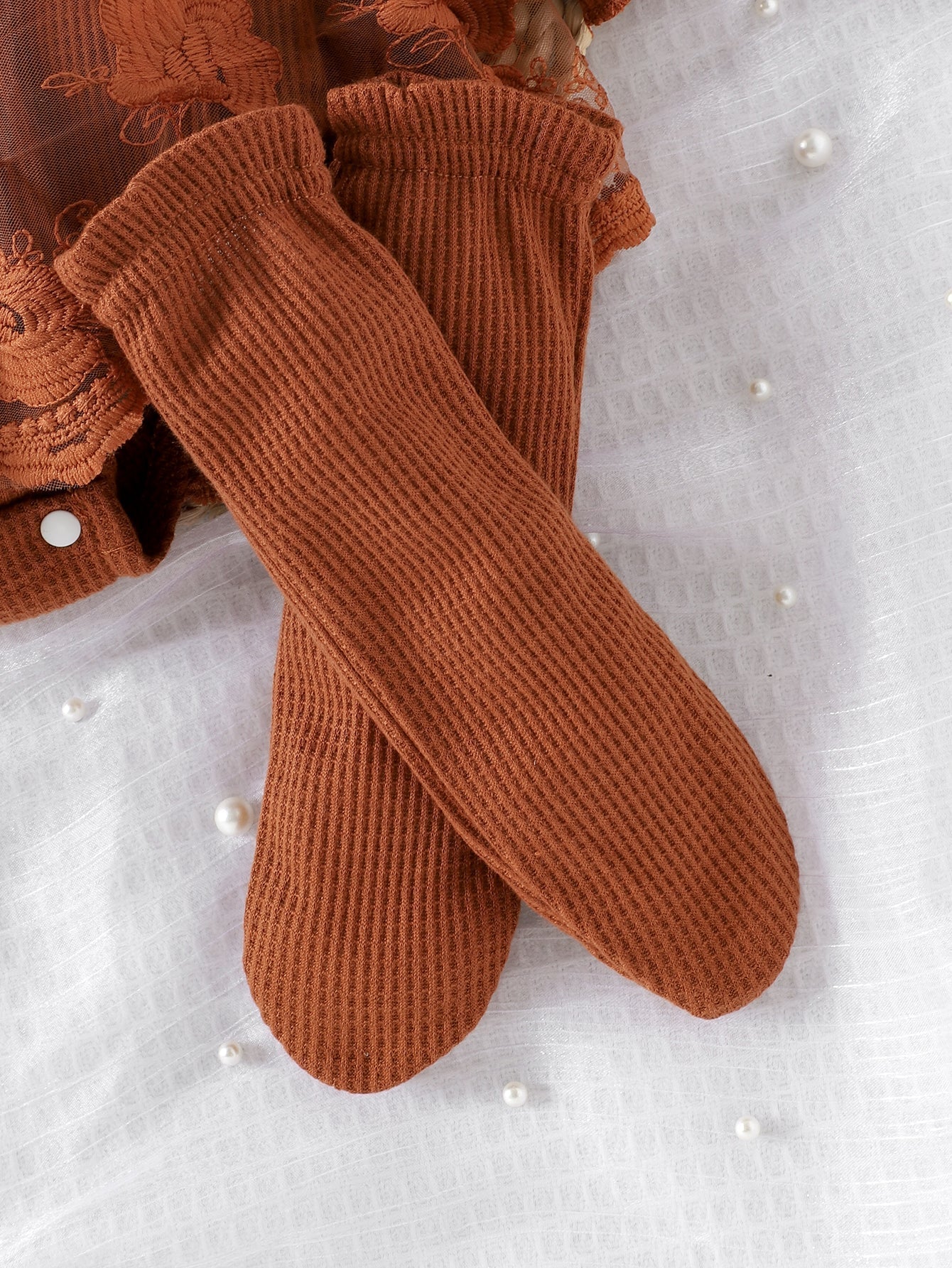 Baby Girls Spring/Autumn Long-sleeve Waffle Mesh Dress Bodysuit, Bow Headband and Socks Three-piece set