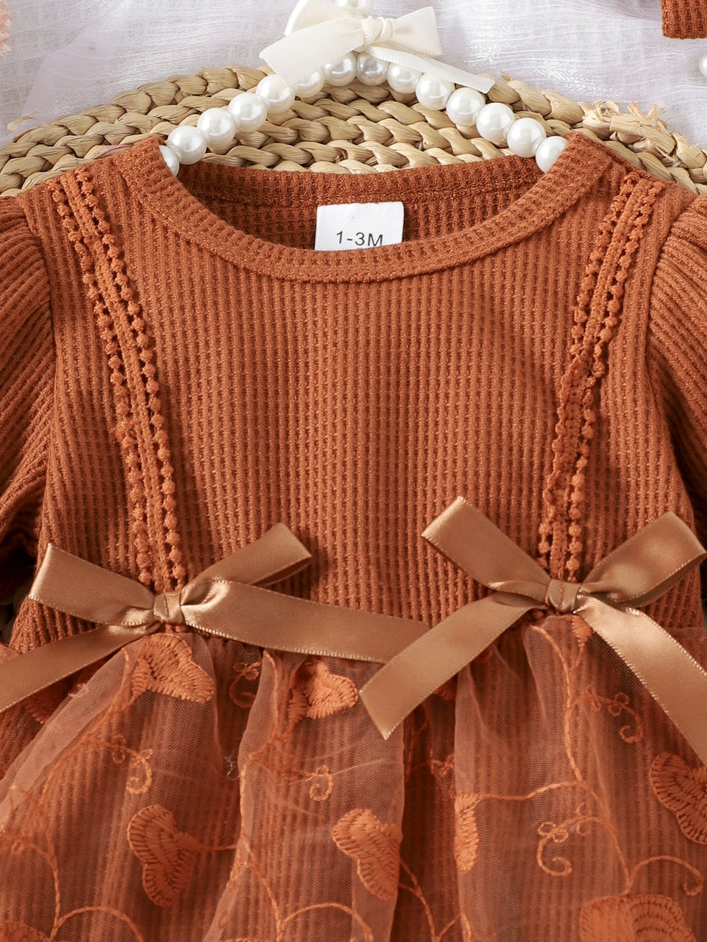 Baby Girls Spring/Autumn Long-sleeve Waffle Mesh Dress Bodysuit, Bow Headband and Socks Three-piece set
