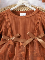 Baby Girls Spring/Autumn Long-sleeve Waffle Mesh Dress Bodysuit, Bow Headband and Socks Three-piece set