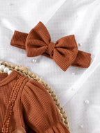 Baby Girls Spring/Autumn Long-sleeve Waffle Mesh Dress Bodysuit, Bow Headband and Socks Three-piece set
