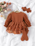 Baby Girls Spring/Autumn Long-sleeve Waffle Mesh Dress Bodysuit, Bow Headband and Socks Three-piece set