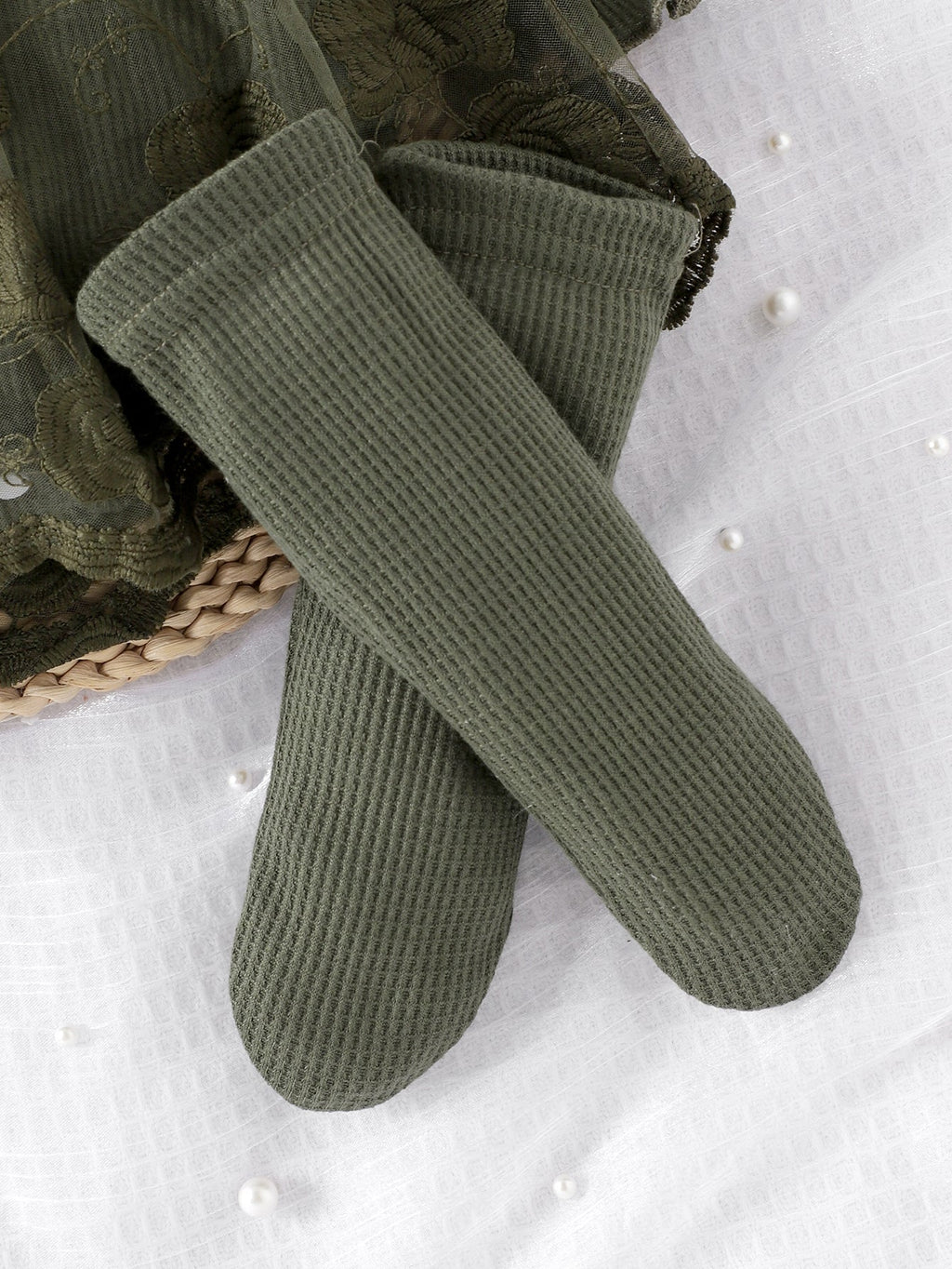 Baby Girls Spring/Autumn Long-sleeve Waffle Mesh Dress Bodysuit, Bow Headband and Socks Three-piece set