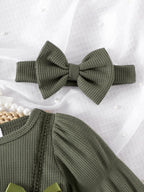 Baby Girls Spring/Autumn Long-sleeve Waffle Mesh Dress Bodysuit, Bow Headband and Socks Three-piece set