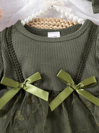 Baby Girls Spring/Autumn Long-sleeve Waffle Mesh Dress Bodysuit, Bow Headband and Socks Three-piece set