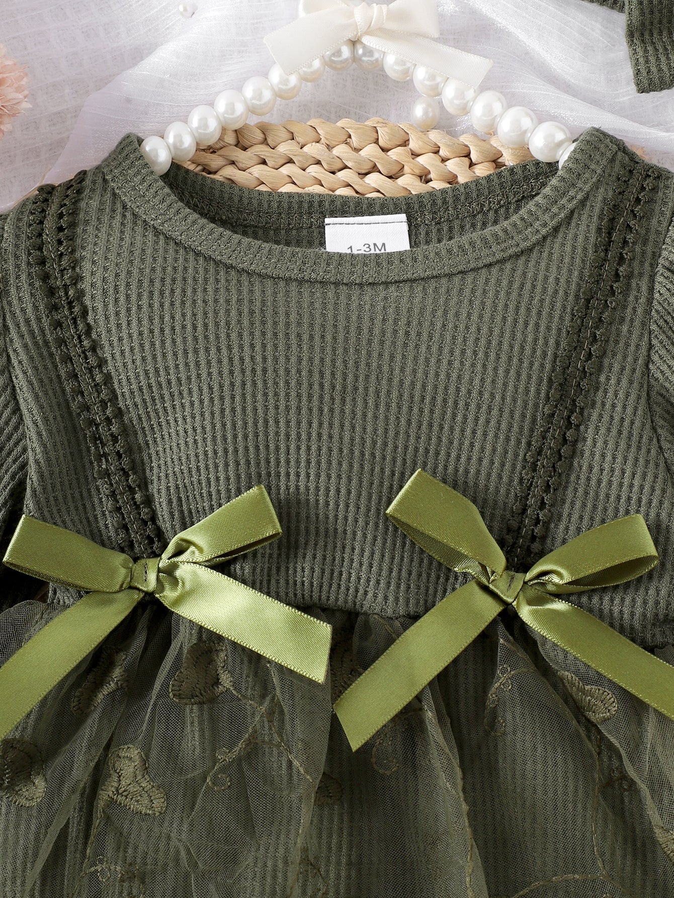 Baby Girls Spring/Autumn Long-sleeve Waffle Mesh Dress Bodysuit, Bow Headband and Socks Three-piece set