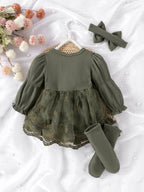 Baby Girls Spring/Autumn Long-sleeve Waffle Mesh Dress Bodysuit, Bow Headband and Socks Three-piece set