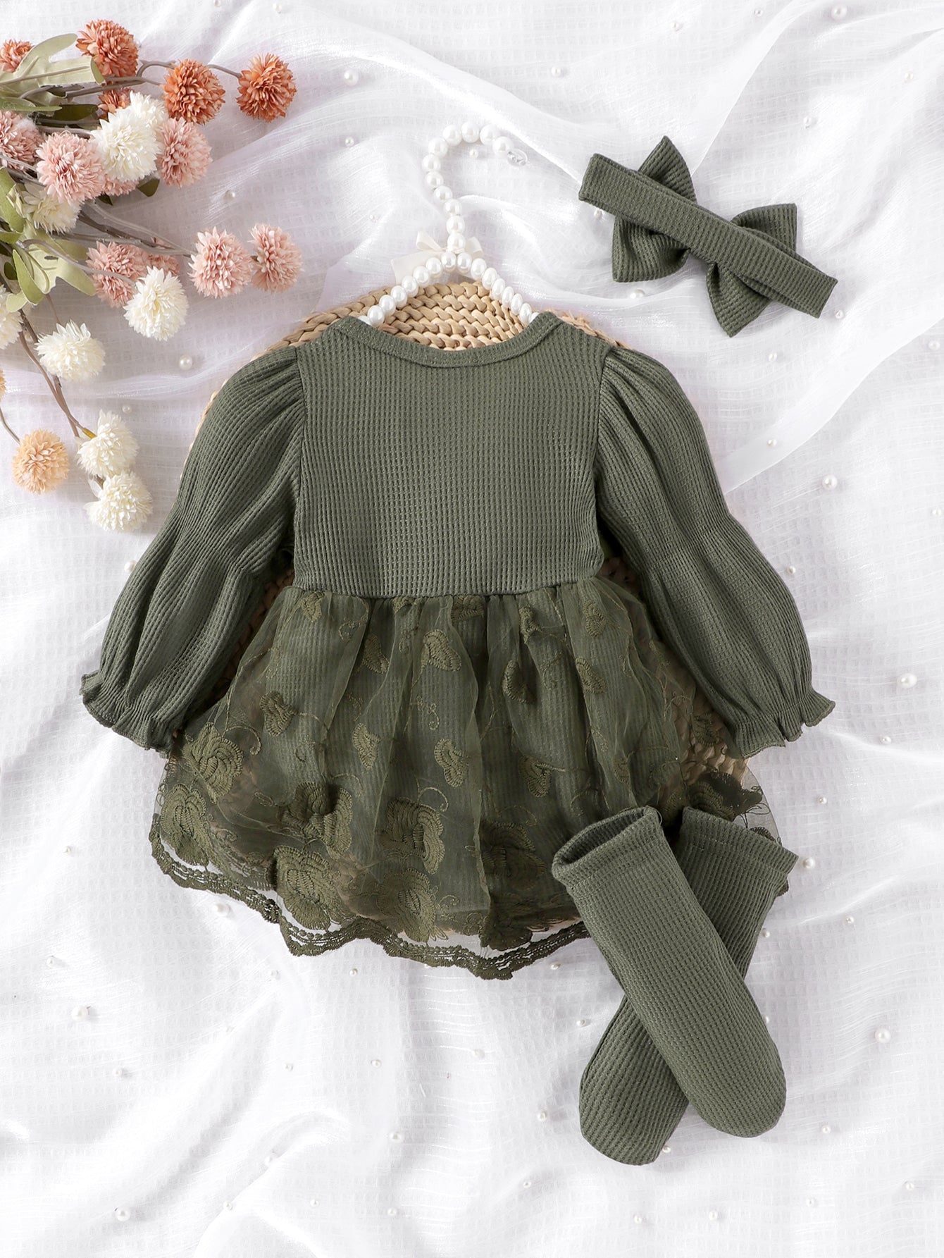 Baby Girls Spring/Autumn Long-sleeve Waffle Mesh Dress Bodysuit, Bow Headband and Socks Three-piece set