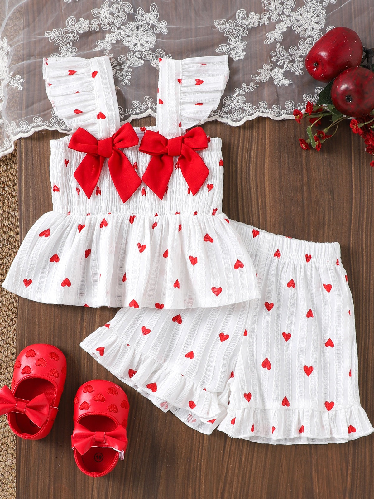 Baby Girls Heart Print Ruffle White Strap Top And Pants Two-Piece Set