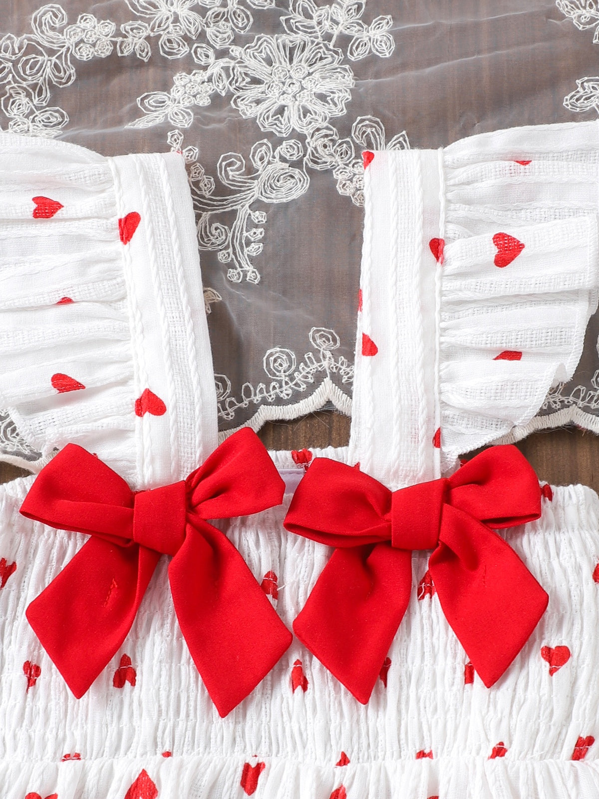 Baby Girls Heart Print Ruffle White Strap Top And Pants Two-Piece Set