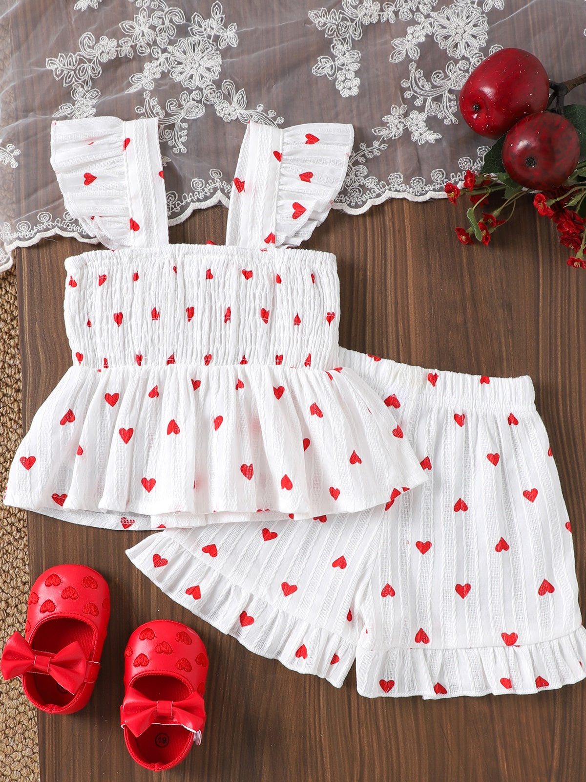 Baby Girls Heart Print Ruffle White Strap Top And Pants Two-Piece Set