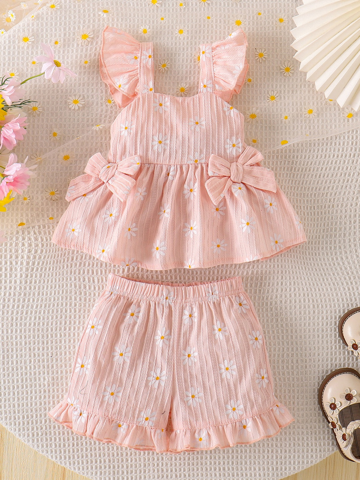 Baby Girls Pink Daisy Print Ruffle Top And Shorts Summer Outfit