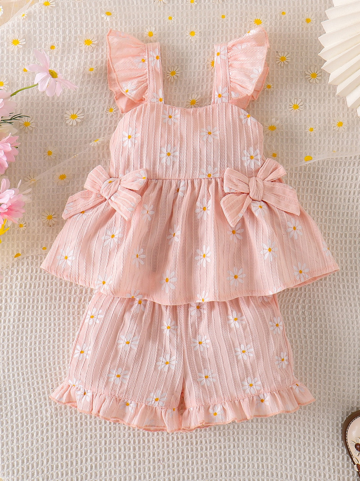 Baby Girls Pink Daisy Print Ruffle Top And Shorts Summer Outfit