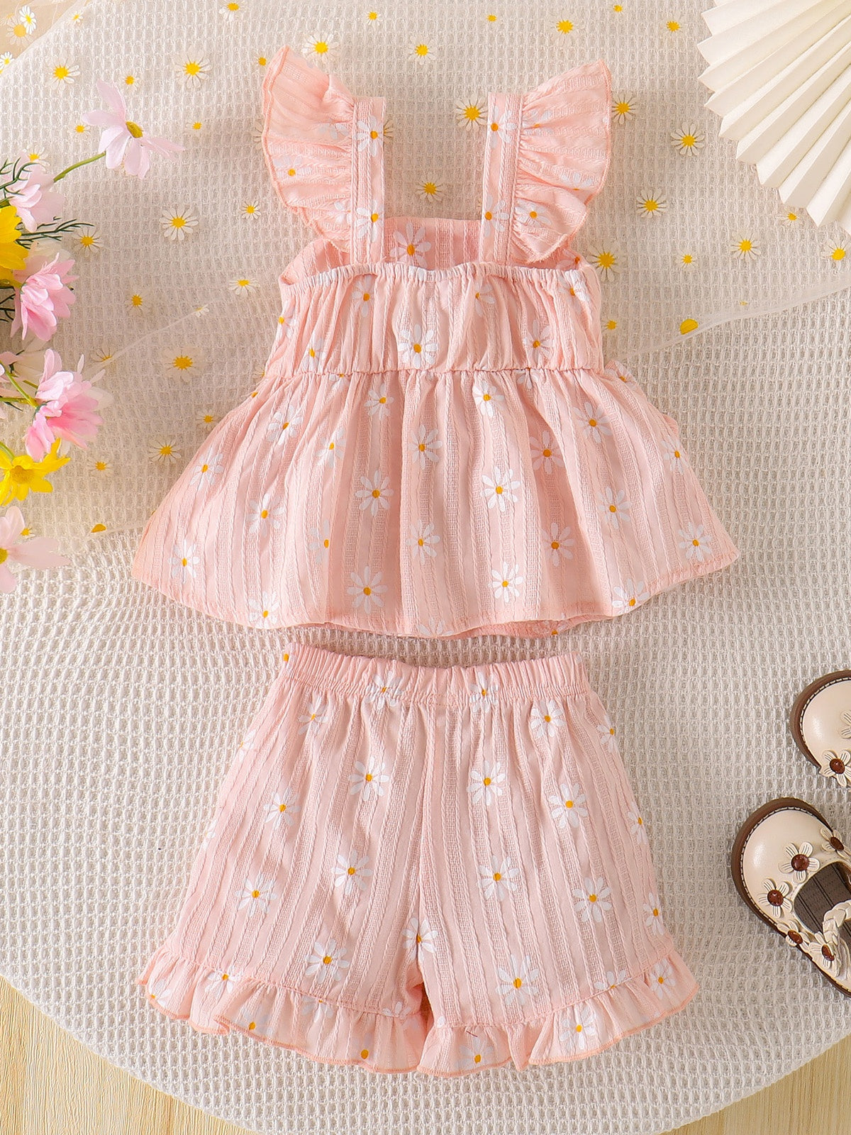 Baby Girls Pink Daisy Print Ruffle Top And Shorts Summer Outfit