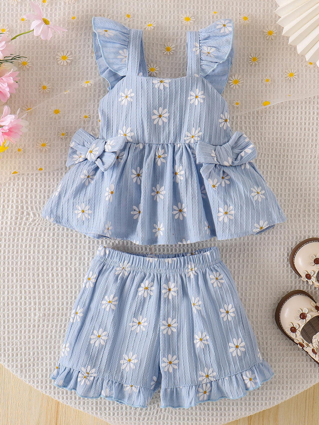 Baby Girls Blue Daisy Print Ruffle Top And Shorts Summer Outfit