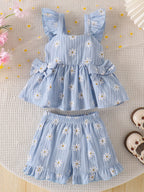 Baby Girls Blue Daisy Print Ruffle Top And Shorts Summer Outfit