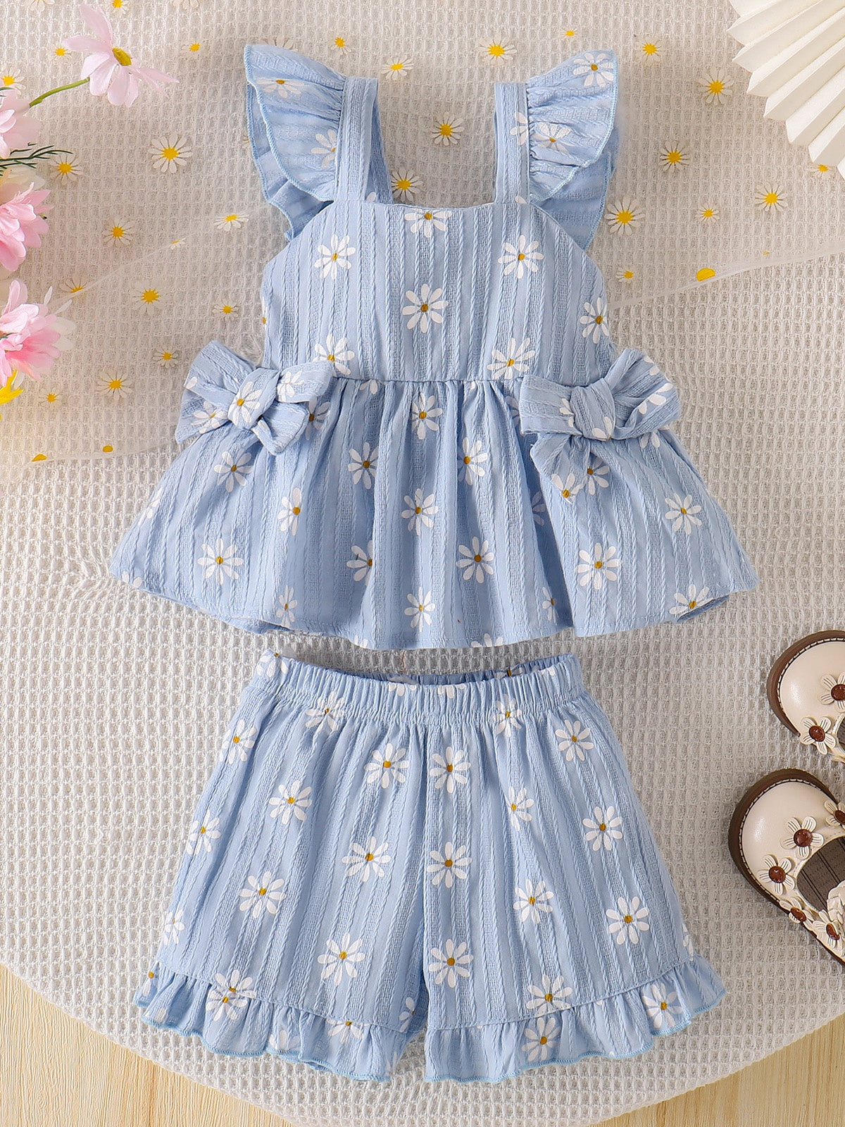 Baby Girls Blue Daisy Print Ruffle Top And Shorts Summer Outfit