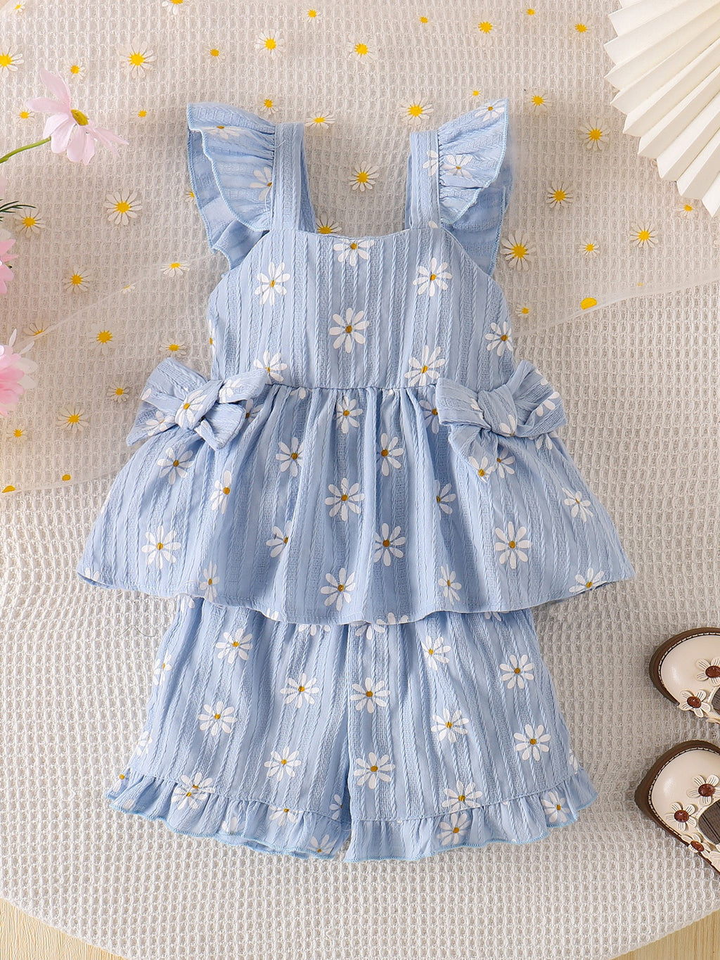 Baby Girls Blue Daisy Print Ruffle Top And Shorts Summer Outfit