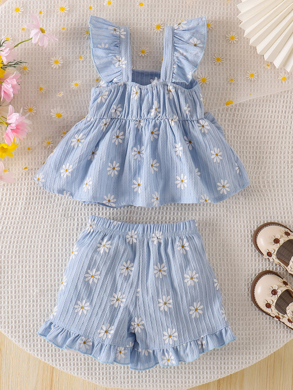 Baby Girls Blue Daisy Print Ruffle Top And Shorts Summer Outfit
