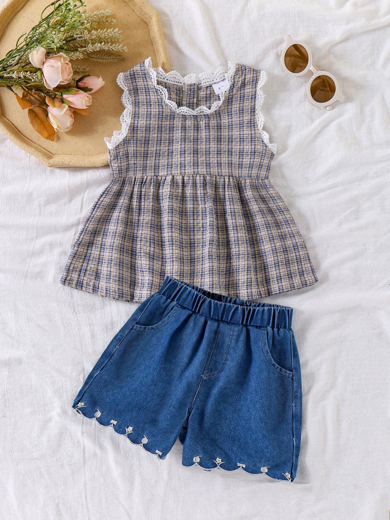Girls Plaid Tank And Denim Shorts Two-Piece Set