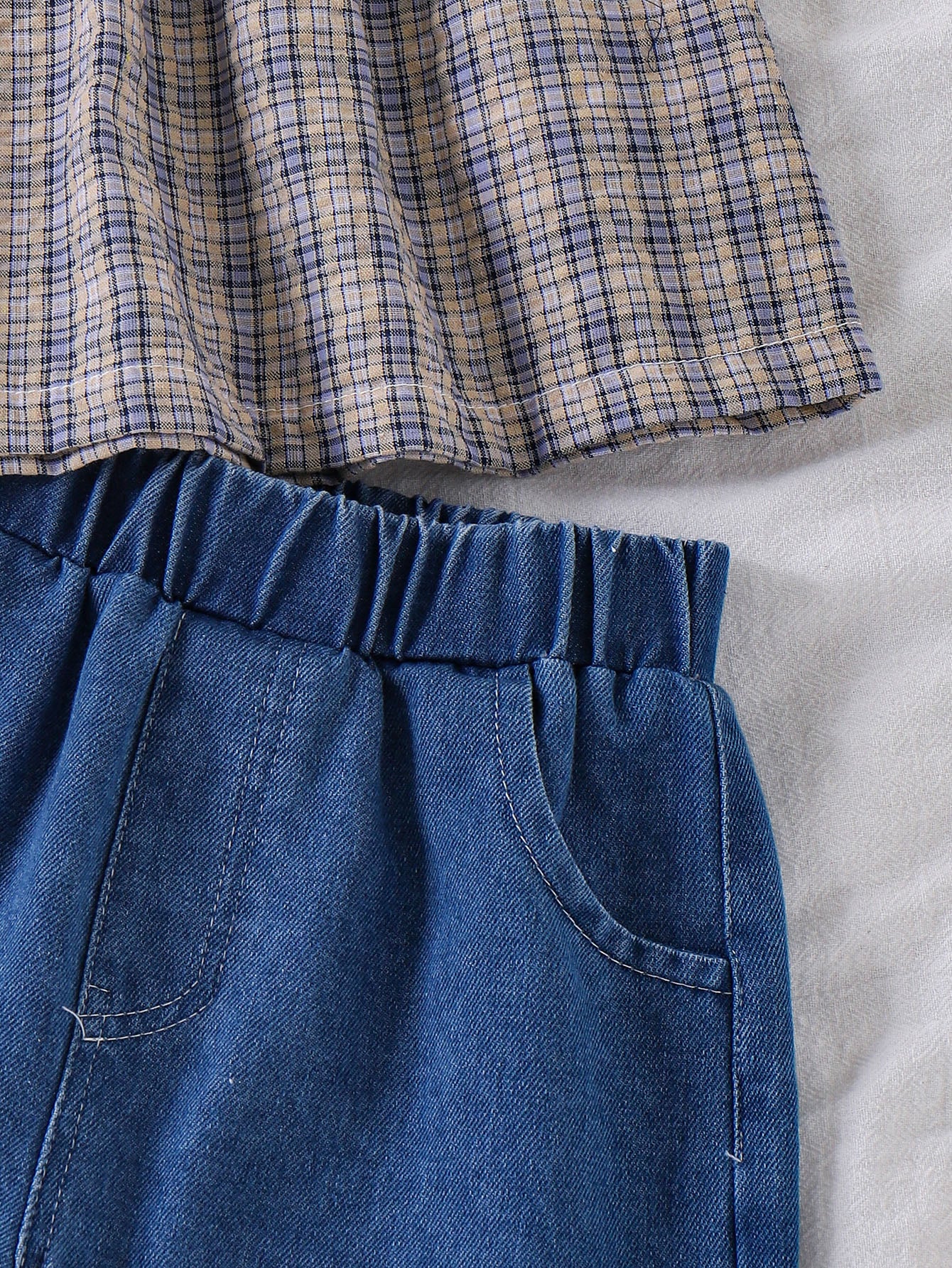 Girls Plaid Tank And Denim Shorts Two-Piece Set