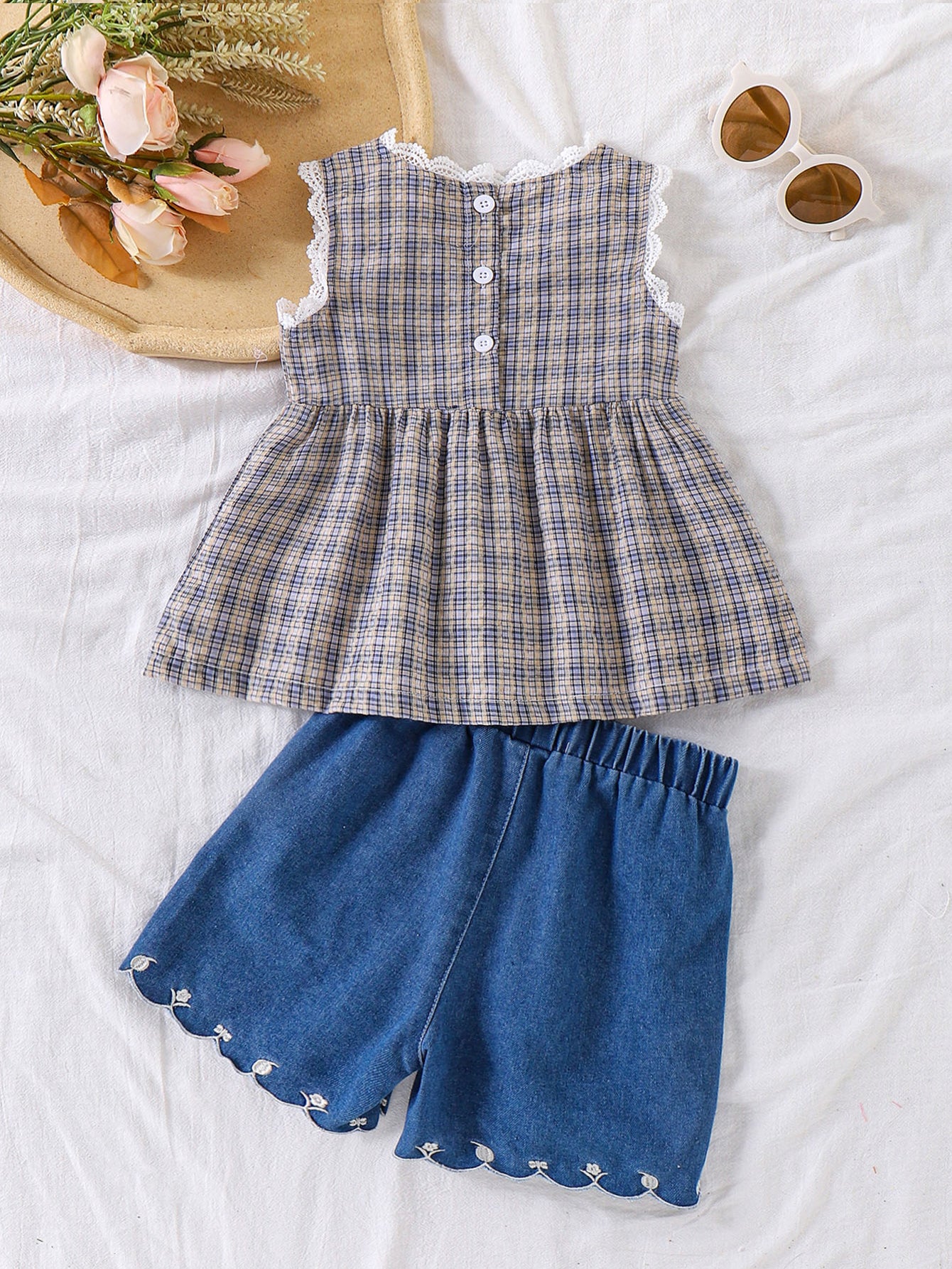 Girls Plaid Tank And Denim Shorts Two-Piece Set