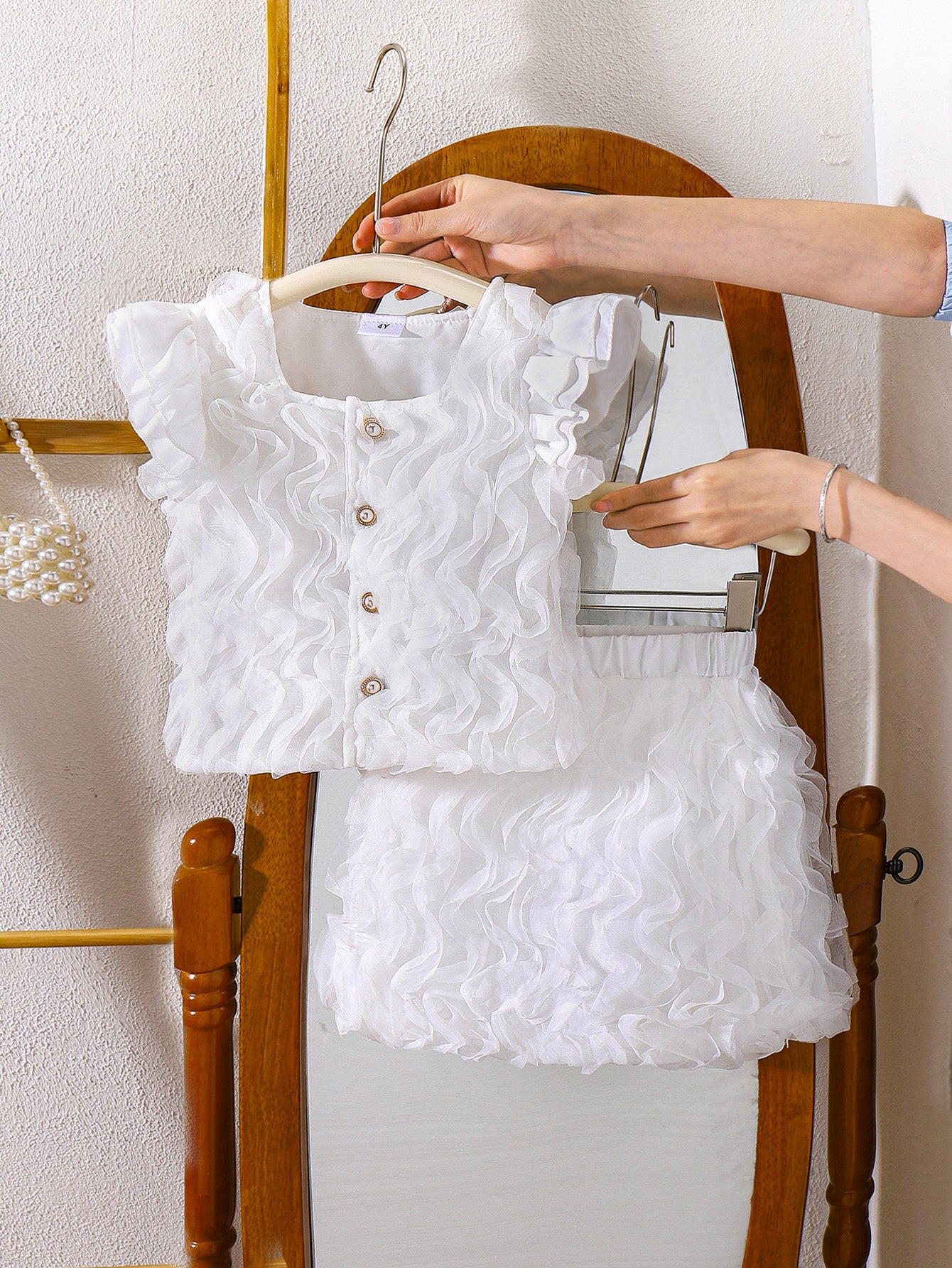 Girls White Ruffle Top And Ruffle Skirt  Two-Piece Set