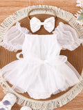 Baby Girls White Tulle Romper Dress With Bow Headband