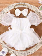Baby Girls White Tulle Romper Dress With Bow Headband