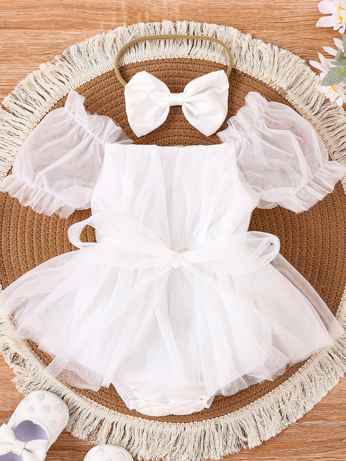 Baby Girls White Tulle Romper Dress With Bow Headband
