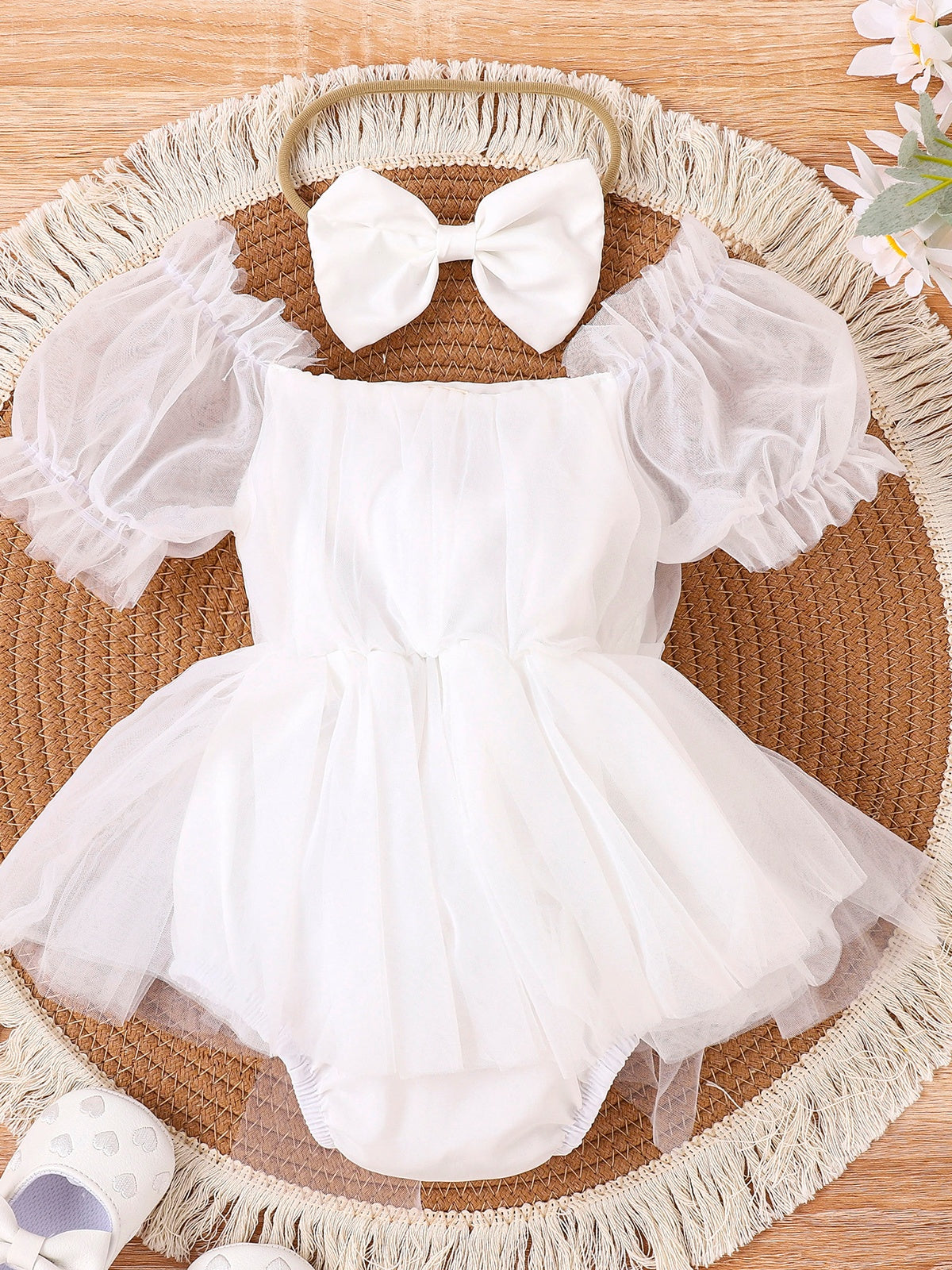 Baby Girls White Tulle Romper Dress With Bow Headband