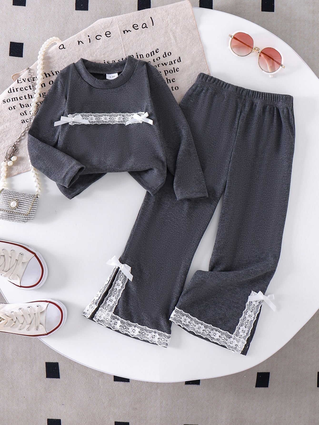 Girls Long-sleeve Red Ribbed Top and lace-trimmed flared trousers two-piece set