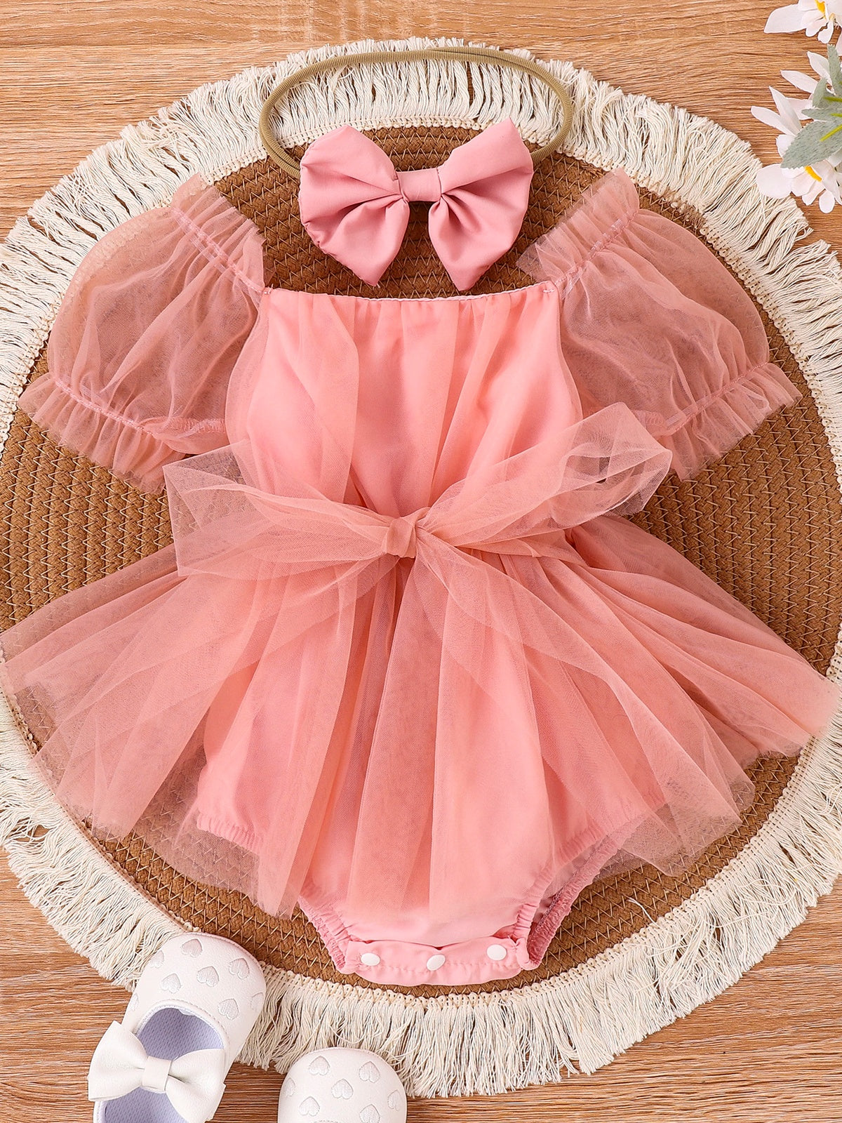 Baby Girls Pink Tulle Romper Dress With Bow Headband