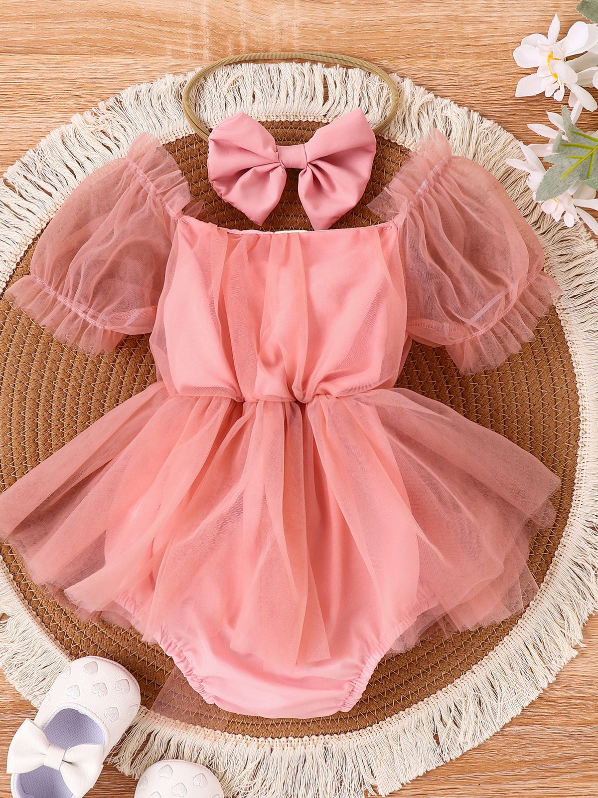 Baby Girls Pink Tulle Romper Dress With Bow Headband