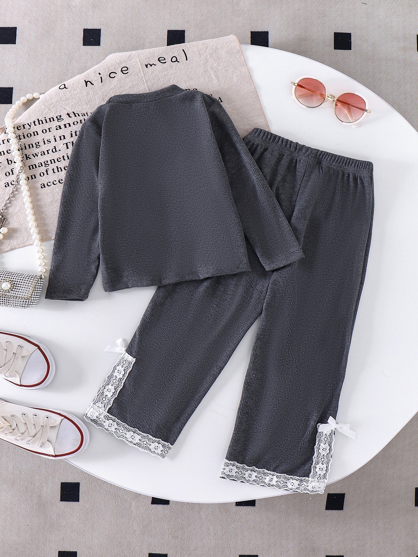 Girls Long-sleeve Red Ribbed Top and lace-trimmed flared trousers two-piece set